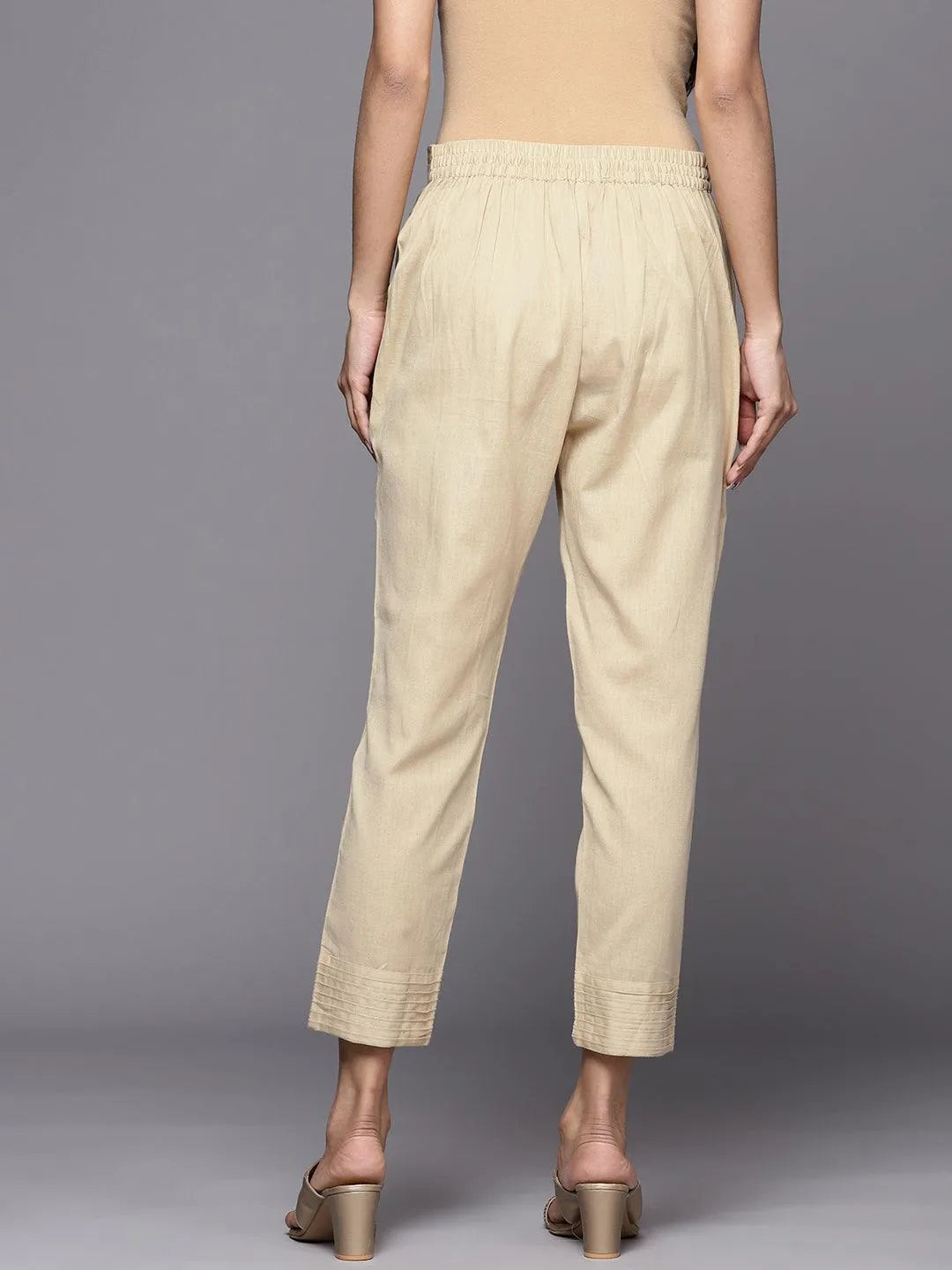 Beige Solid Cotton Trousers - Libas