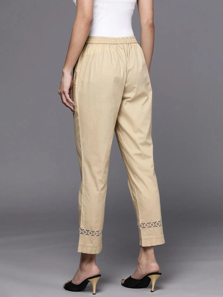 Beige Solid Cotton Trousers - Libas