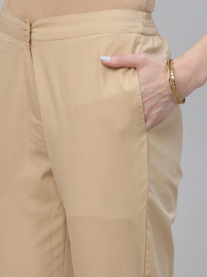 Beige Solid Cotton Trousers - Libas