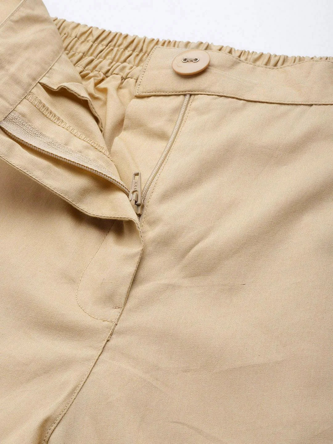 Beige Solid Cotton Trousers - Libas