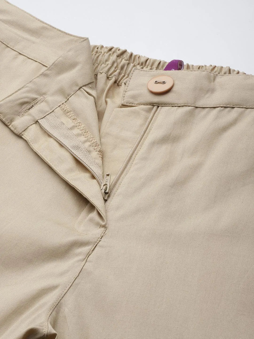 Beige Solid Cotton Trousers - Libas 