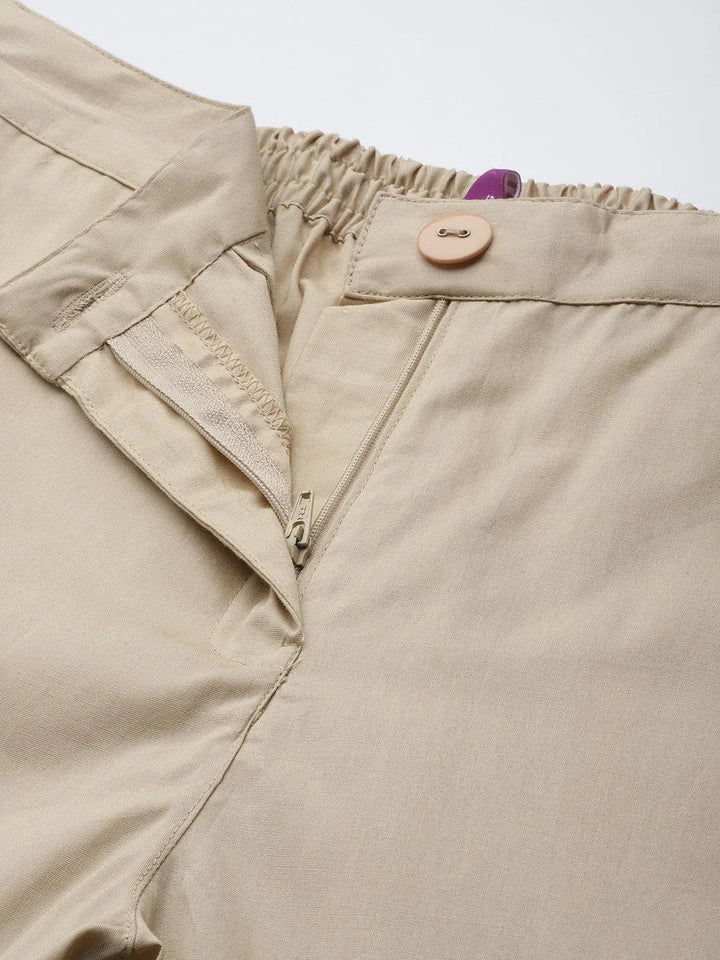 Beige Solid Cotton Trousers - Libas