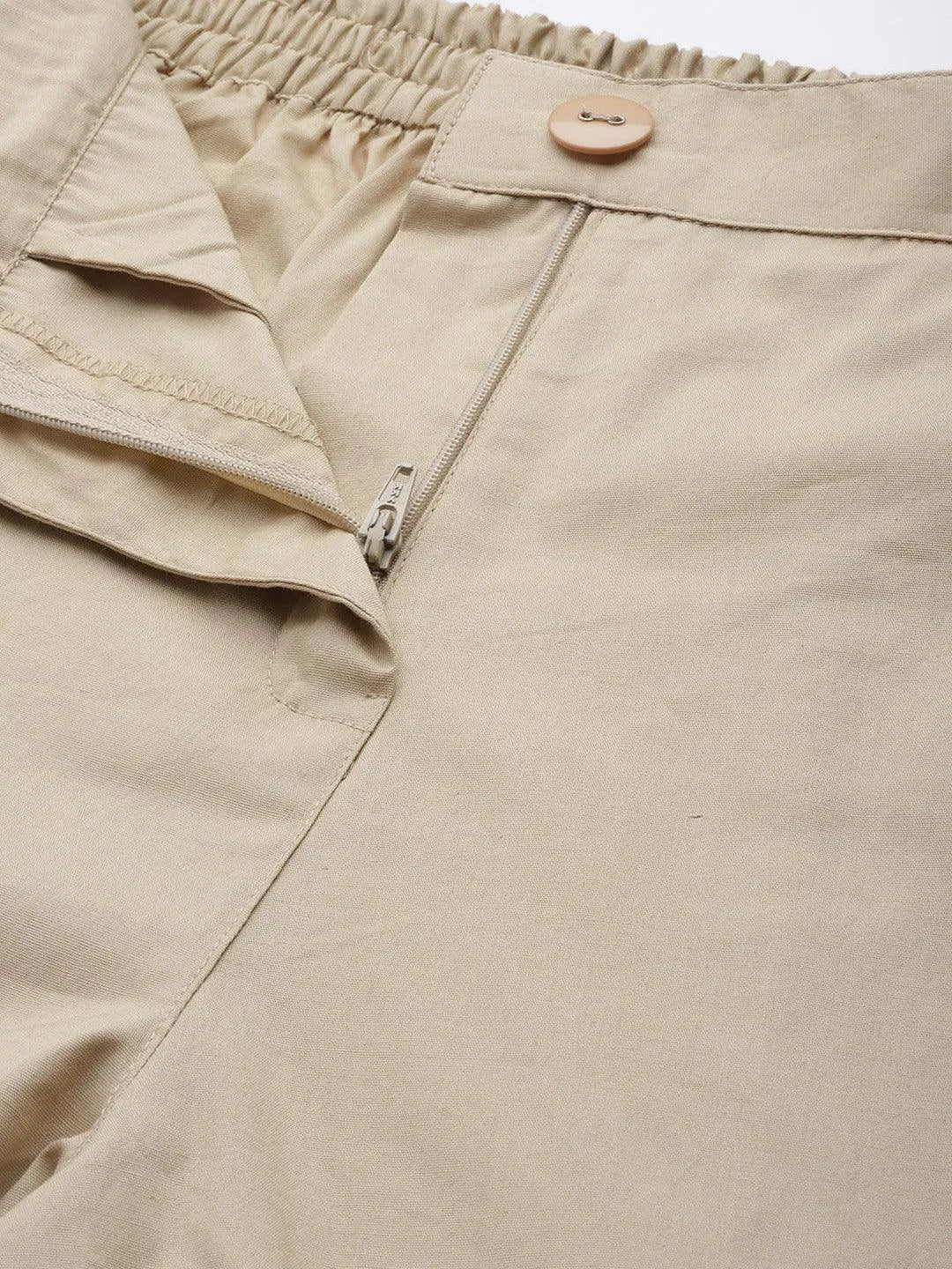 Beige Solid Cotton Trousers - Libas 