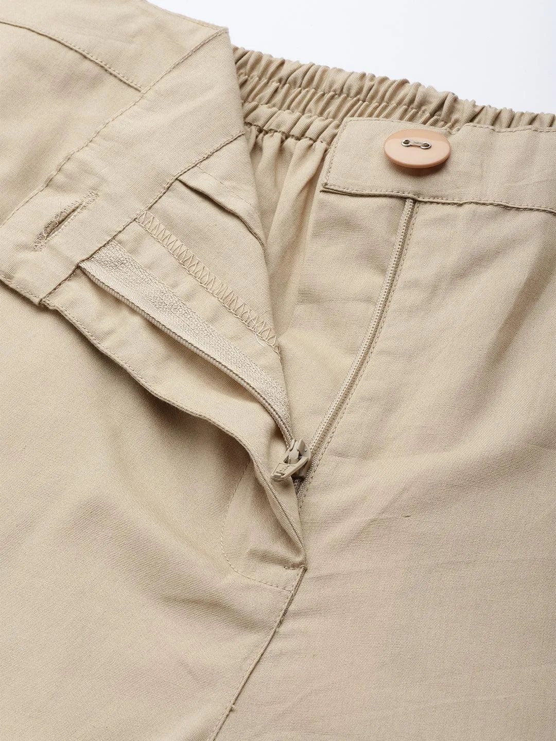 Beige Solid Cotton Trousers - Libas 