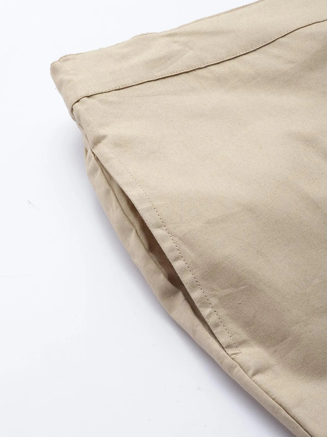 Beige Solid Cotton Trousers - Libas