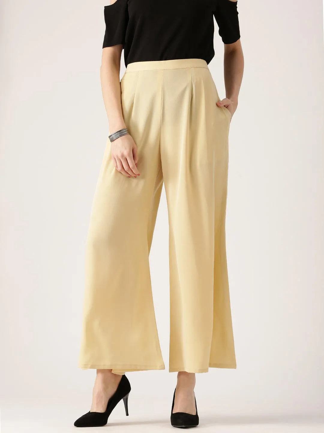 Beige Solid Crepe Palazzos - Libas