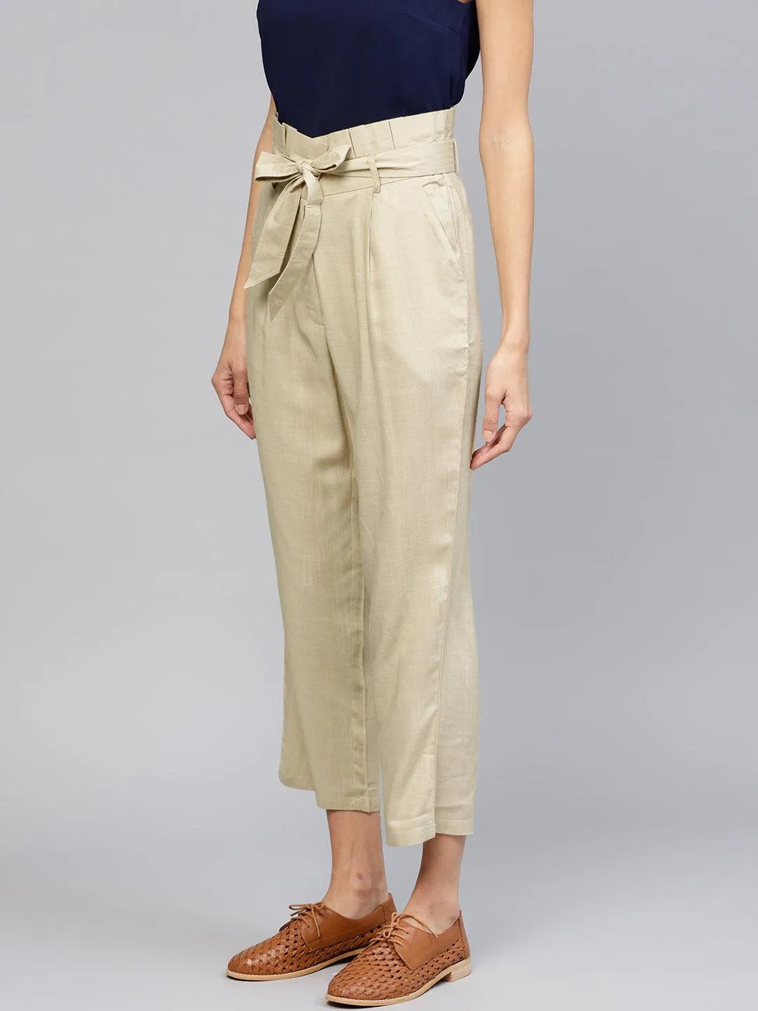 Beige Solid Rayon Trousers - Libas 