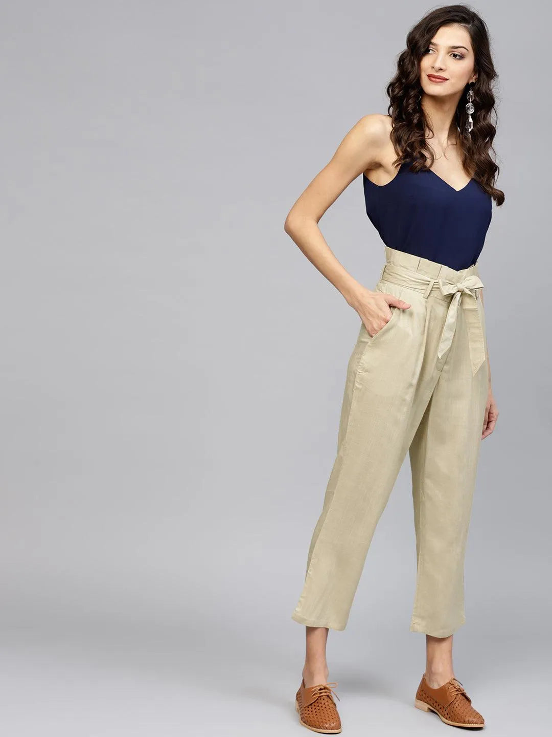 Beige Solid Rayon Trousers - Libas 