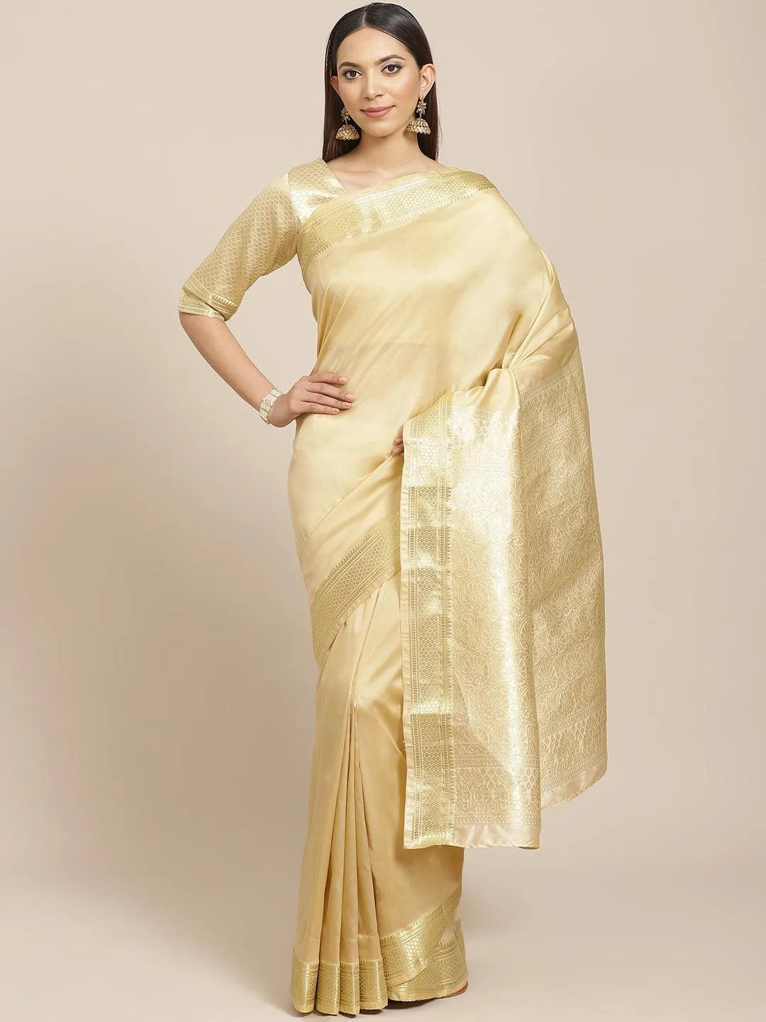 Beige Solid Silk Blend Saree - Libas 