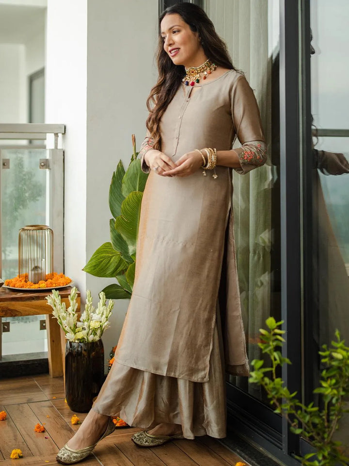 Beige Solid Silk Kurta - Libas