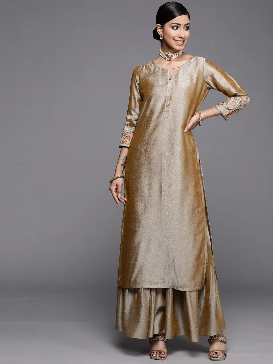 Beige Solid Silk Kurta - Libas 