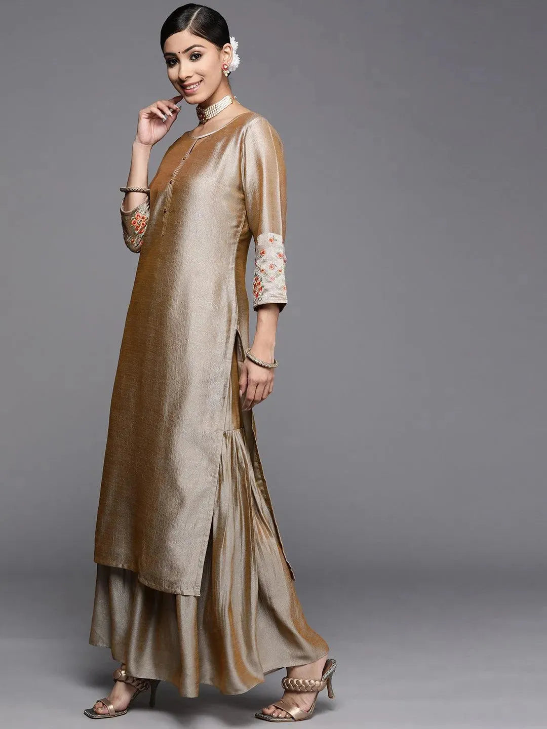 Beige Solid Silk Kurta - Libas 