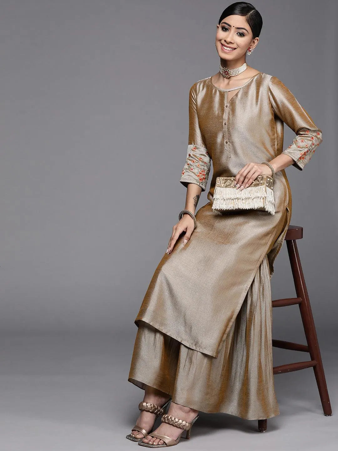 Beige Solid Silk Kurta - Libas 