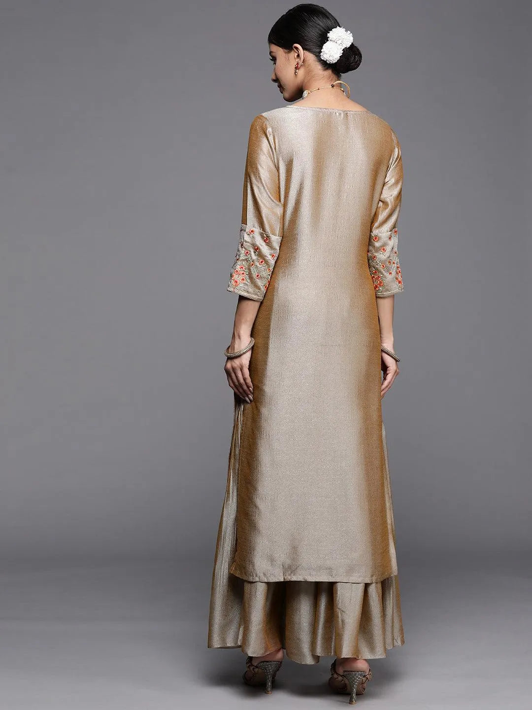 Beige Solid Silk Kurta - Libas