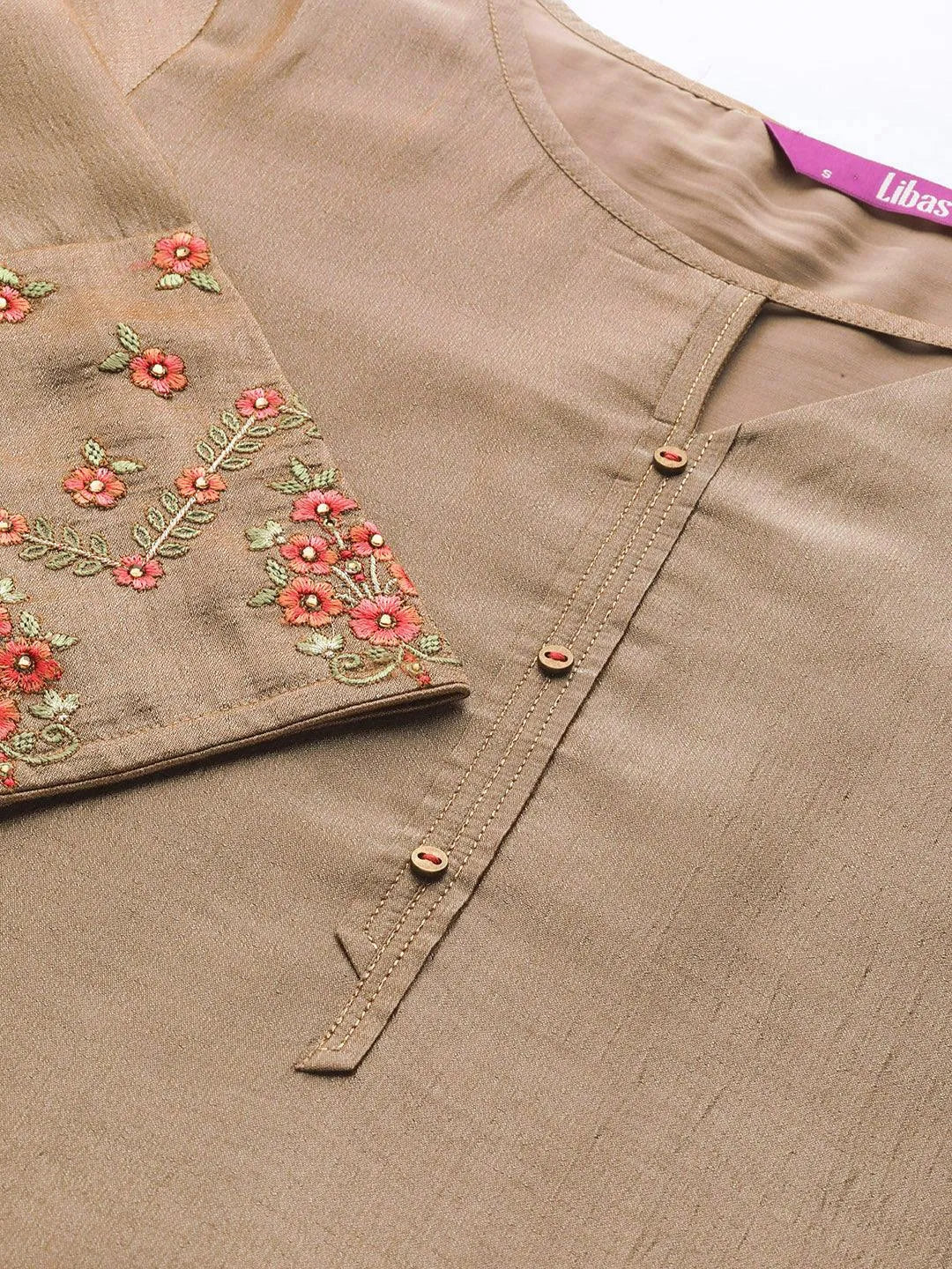 Beige Solid Silk Kurta - Libas 