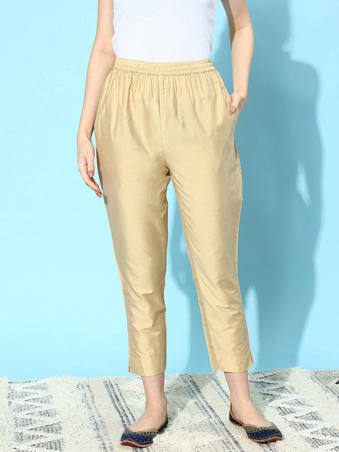 Beige Solid Silk Trousers - Libas 