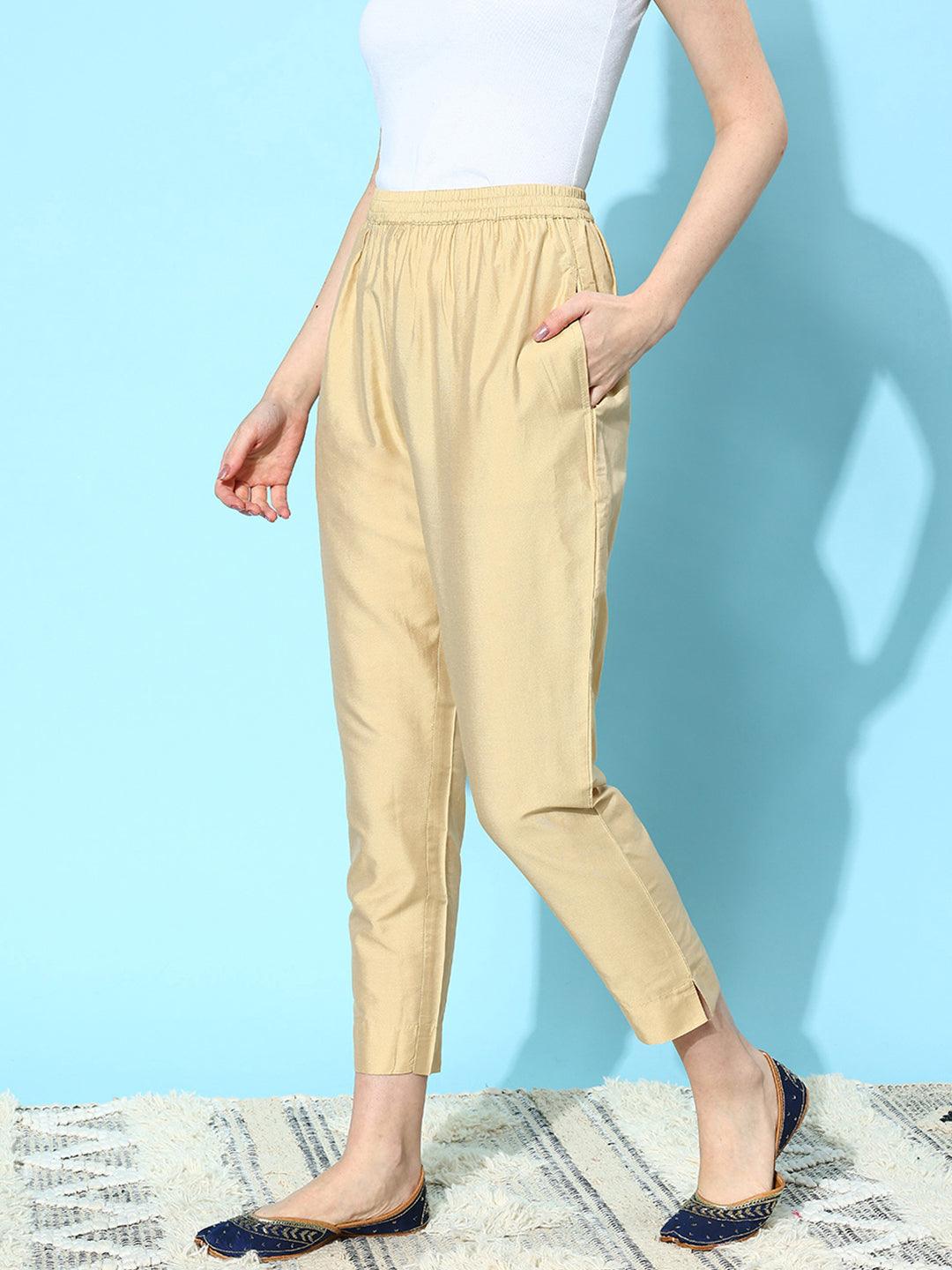 Beige Solid Silk Trousers - Libas 