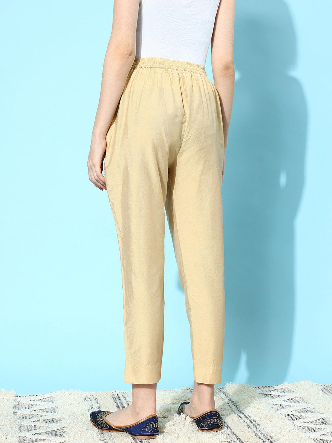 Beige Solid Silk Trousers - Libas 