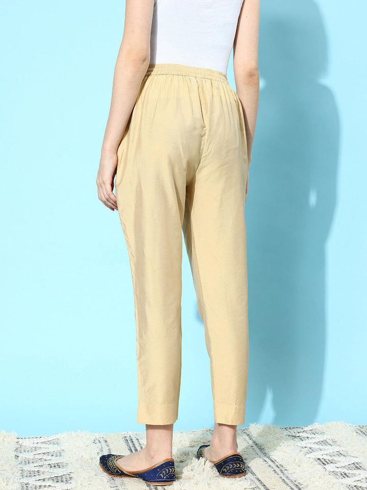 Beige Solid Silk Trousers - Libas