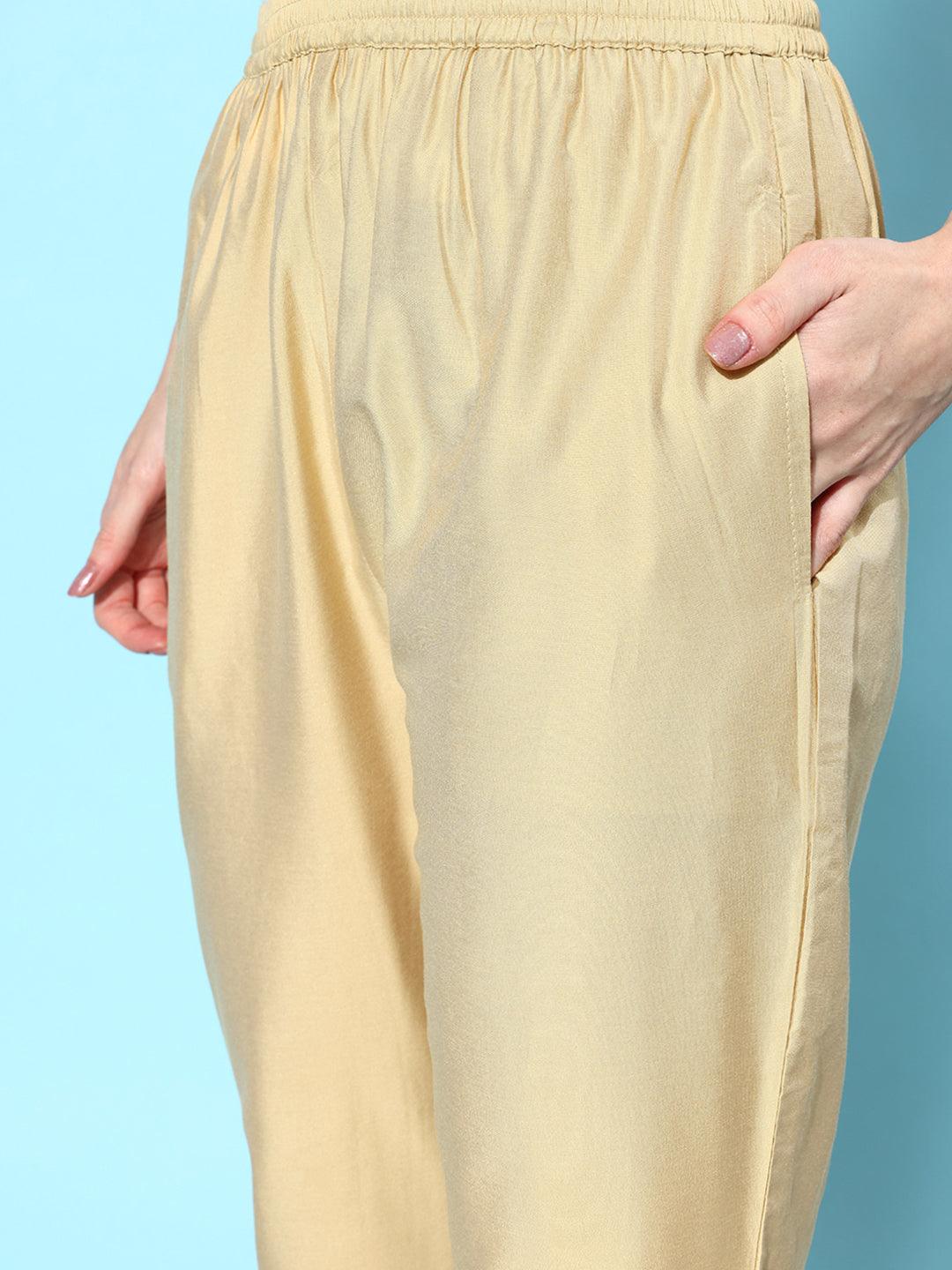 Beige Solid Silk Trousers - Libas 