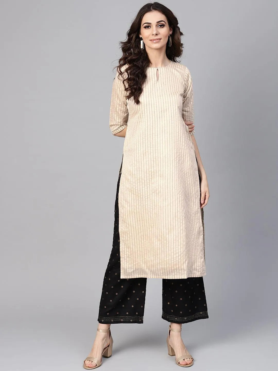 Beige Striped Chanderi Kurta - Libas