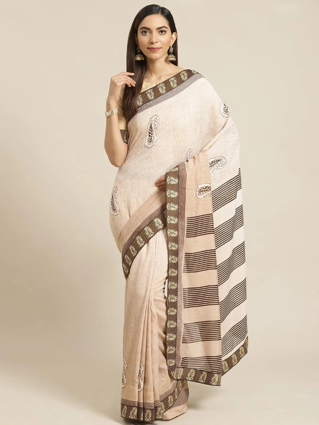 Beige Striped Chiffon Saree - Libas 