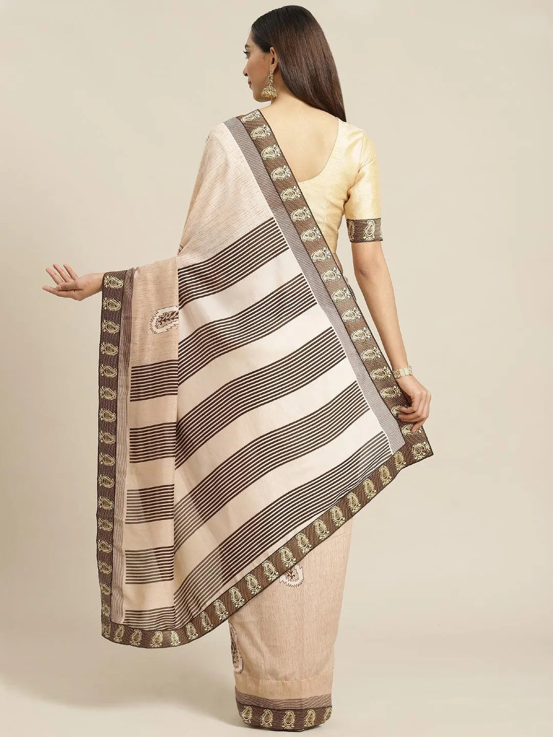 Beige Striped Chiffon Saree - Libas 