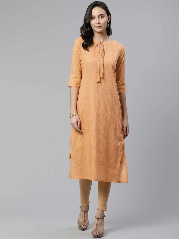 Beige Striped Cotton Kurta - Libas