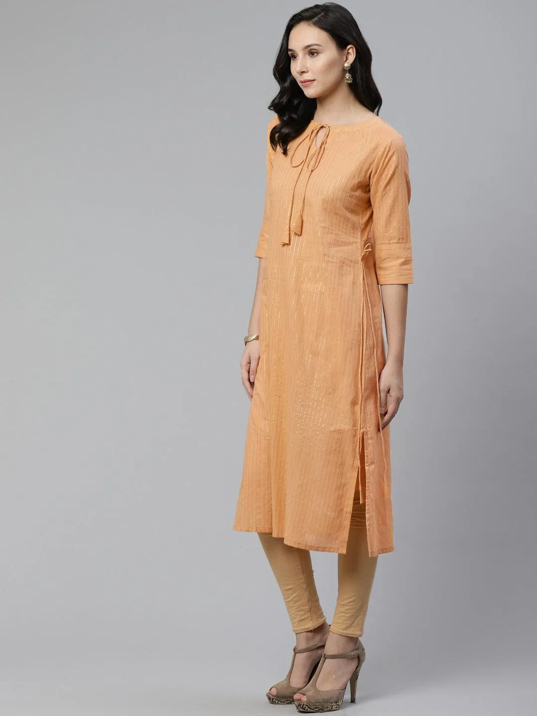 Beige Striped Cotton Kurta - Libas