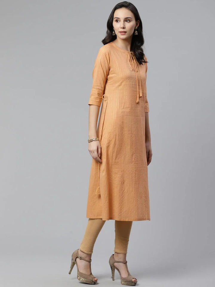 Beige Striped Cotton Kurta - Libas