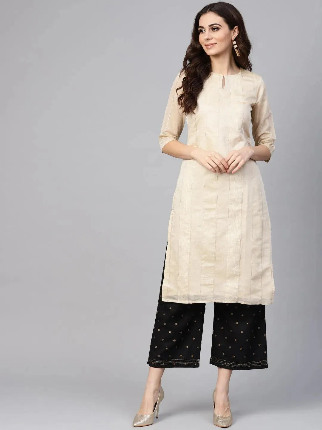 Beige Striped Polyester Kurta - Libas