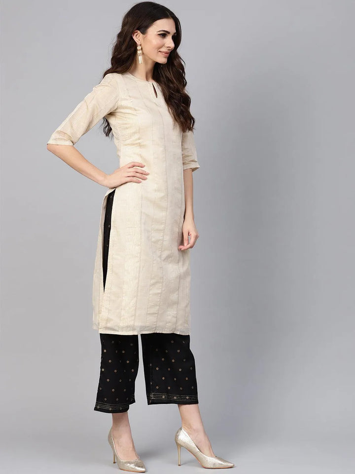 Beige Striped Polyester Kurta - Libas