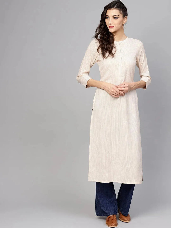 Beige Striped Rayon Kurta - Libas