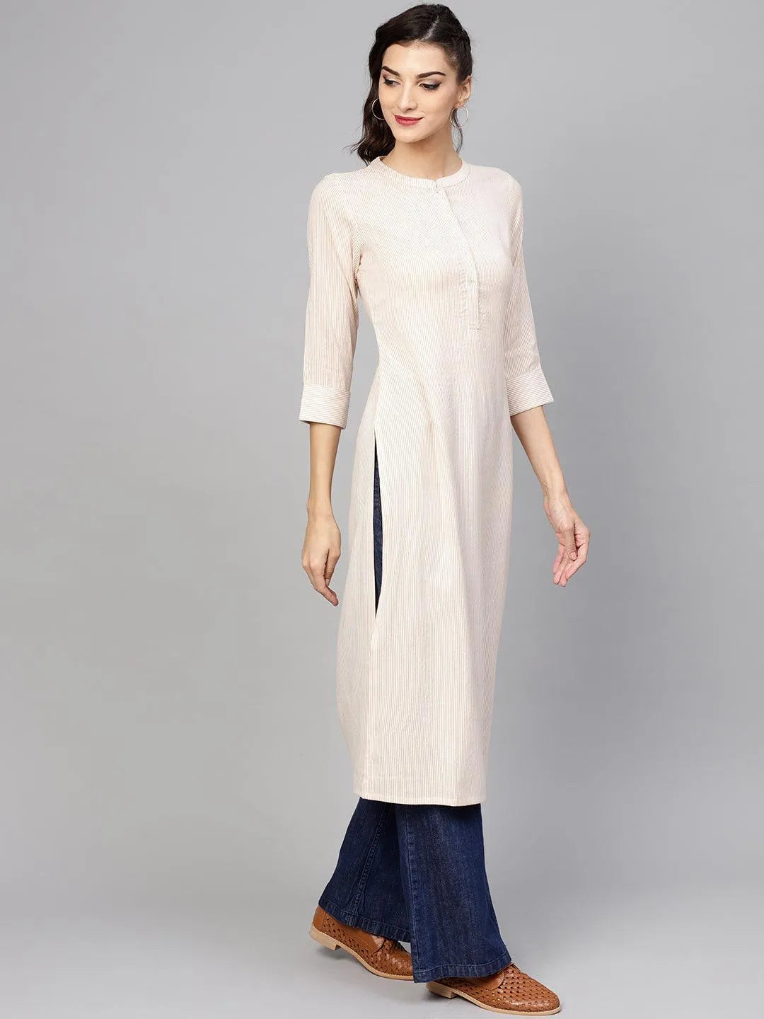 Beige Striped Rayon Kurta - Libas