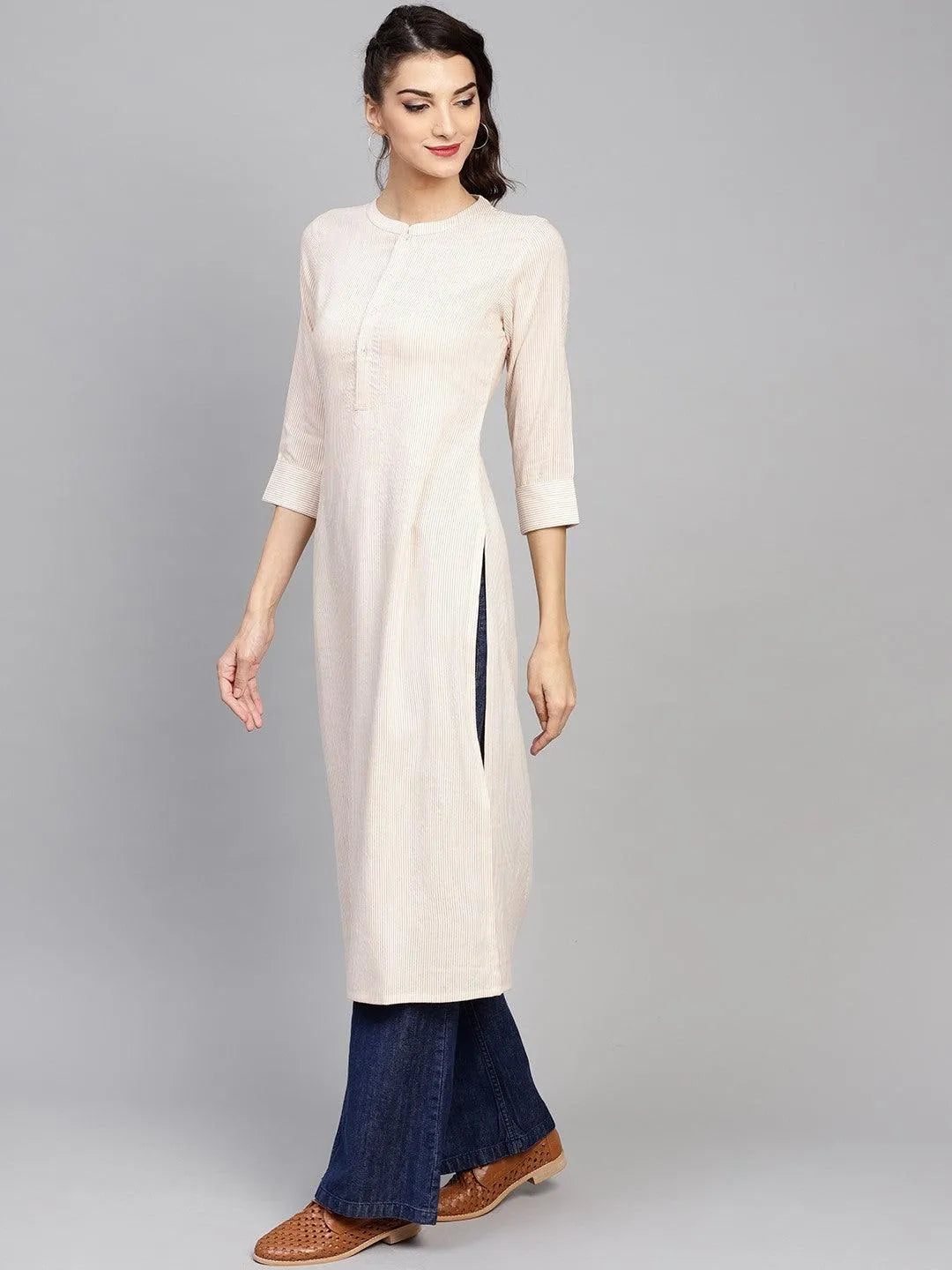 Beige Striped Rayon Kurta - Libas