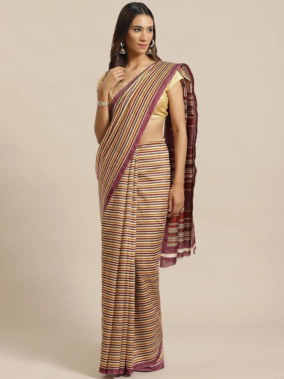 Beige Striped Silk Blend Saree - Libas 