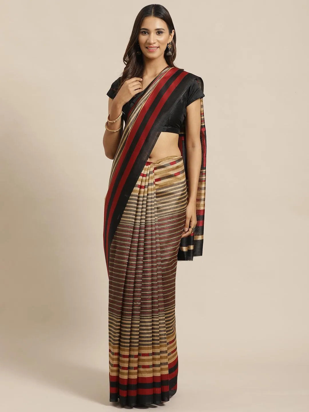 Beige Striped Silk Blend Saree - Libas 