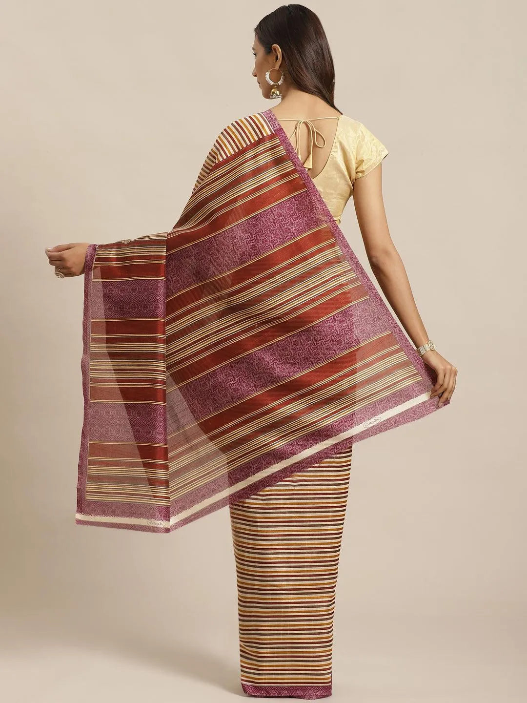 Beige Striped Silk Blend Saree - Libas