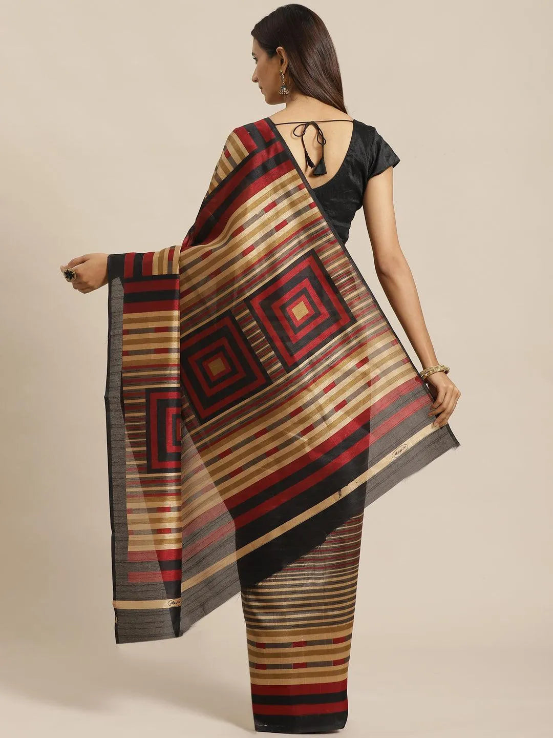 Beige Striped Silk Blend Saree - Libas