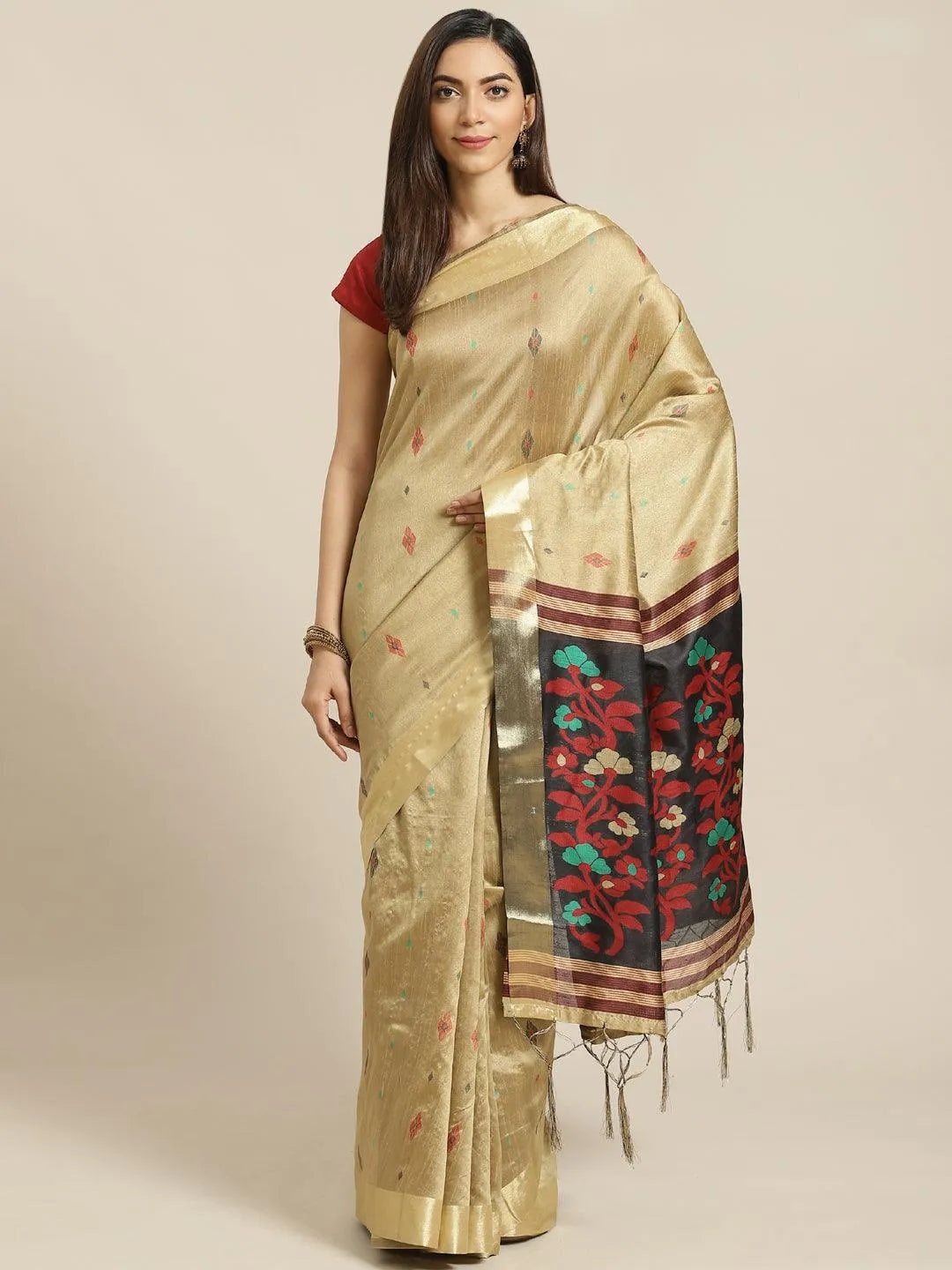 Beige Woven Design Brocade Saree - Libas