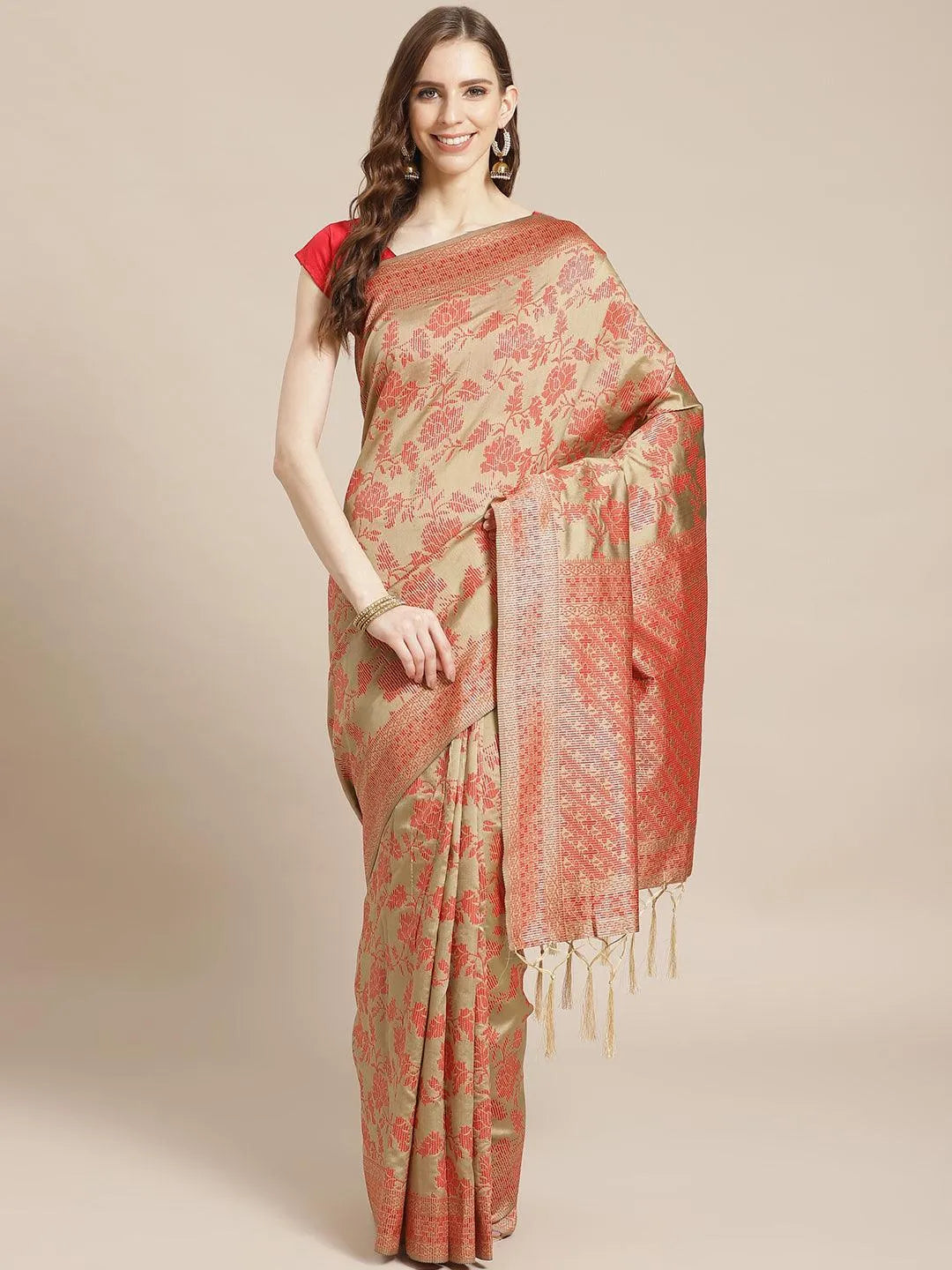 Beige Woven Design Brocade Saree - Libas 