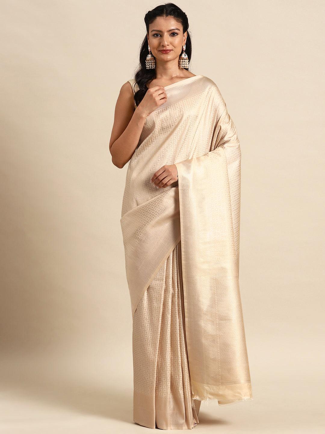 Beige Woven Design Brocade Saree - Libas