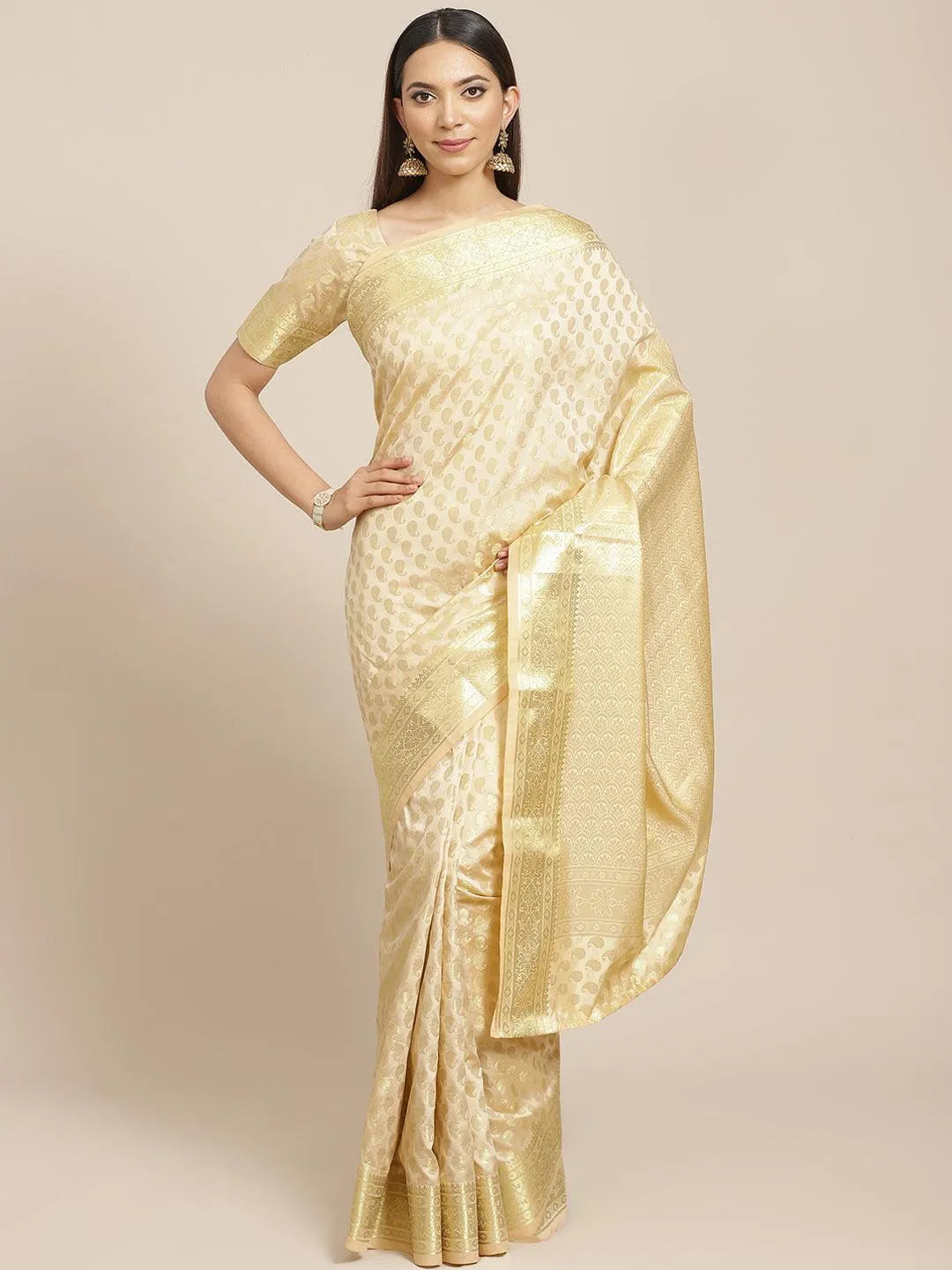 Beige Woven Design Brocade Saree - Libas 