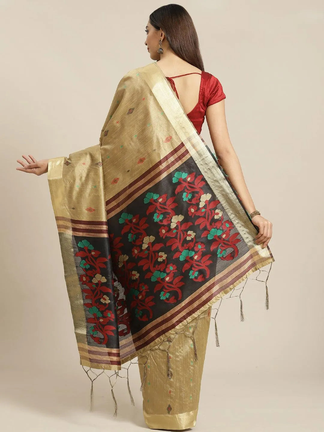 Beige Woven Design Brocade Saree - Libas 