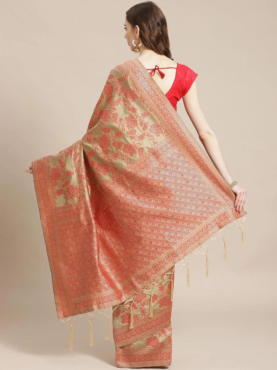 Beige Woven Design Brocade Saree - Libas