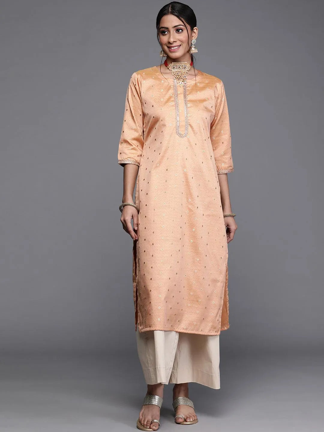 Beige Woven Design Chanderi Silk Kurta - Libas 