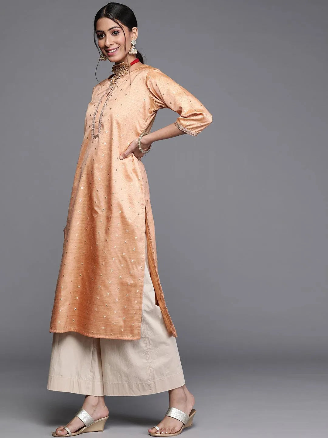 Beige Woven Design Chanderi Silk Kurta - Libas 