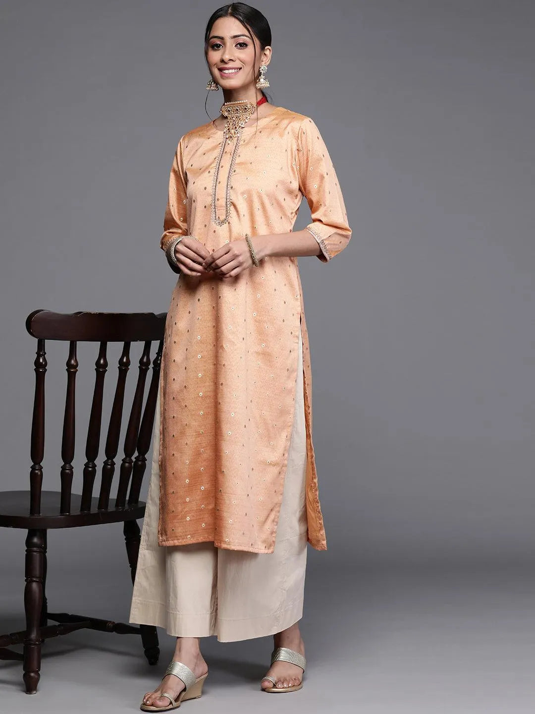 Beige Woven Design Chanderi Silk Kurta - Libas 