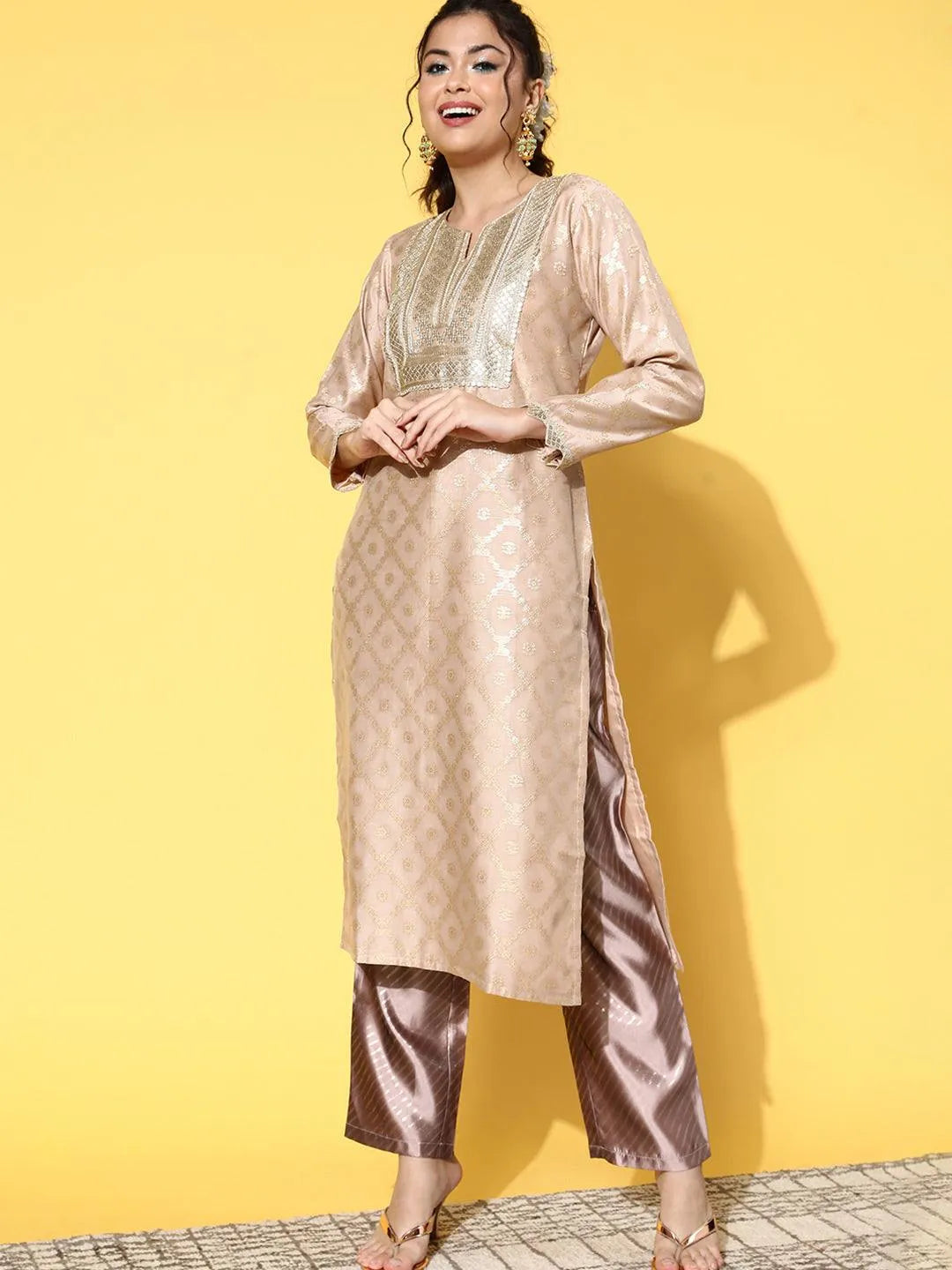 Beige Woven Design Chanderi Silk Straight Kurta - Libas