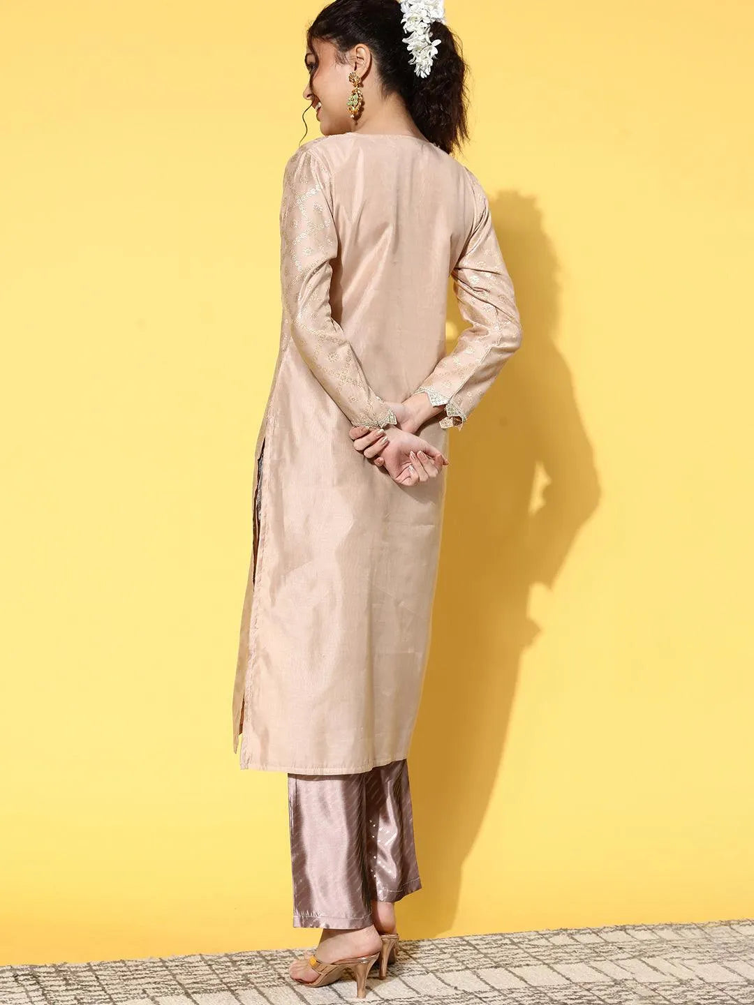 Beige Woven Design Chanderi Silk Straight Kurta - Libas 